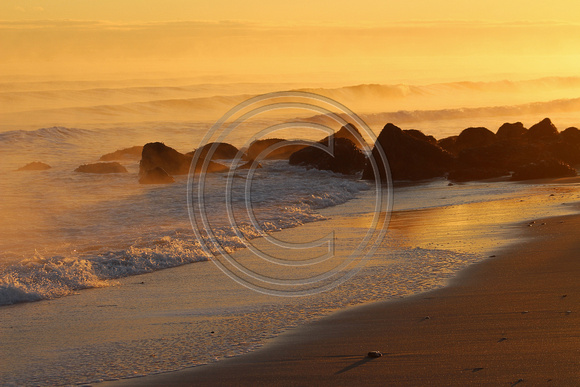 Sunrise Town Neck with waves and dense fog golden